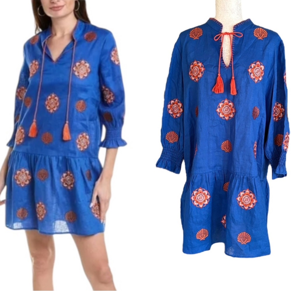LN Tyler Boe Bluebell Niki Embroidered Shell Tie Neck Linen Mini Dress - XL
